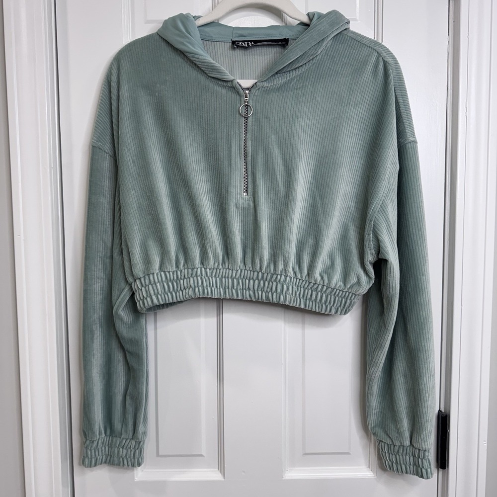 Zara Cropped Corduroy Hoodie Womens Medium Green Velour Quarter Zip Pullover